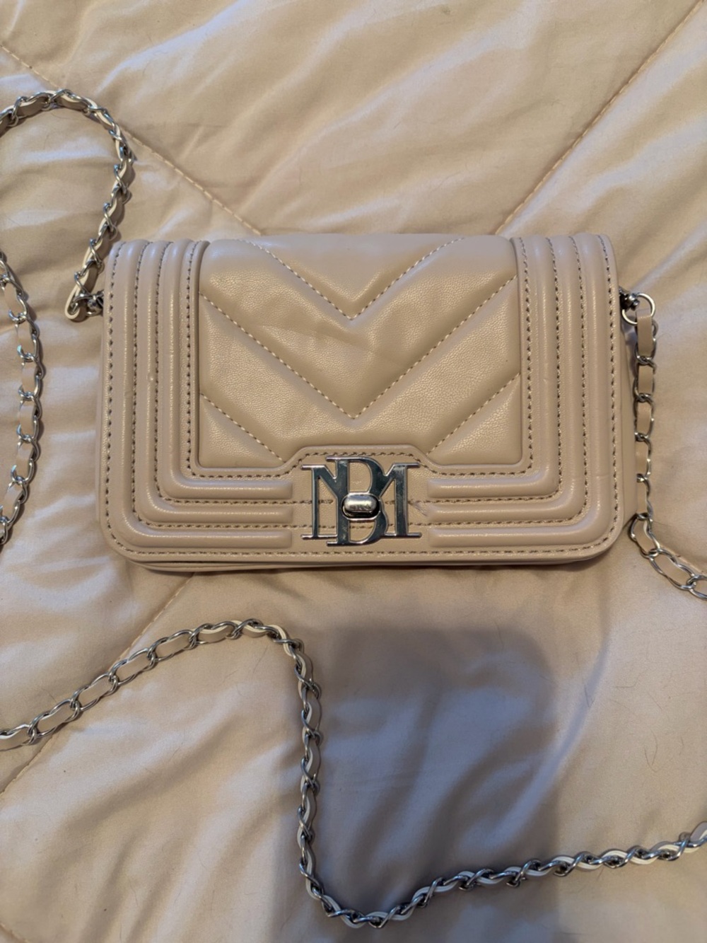 Beige Quilted Crossbody Bag with Chain Strap. Inside wallet